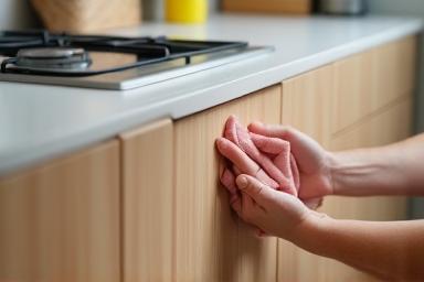 Detailed close-up showing cleaning process on kitchen cabinet doors.