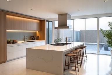 Before and after comparison showing a renovated modern villa kitchen in Dubai.