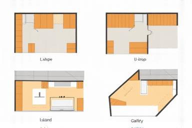 Visual examples of common kitchen layouts like L-shape, U-shape, and island configurations.