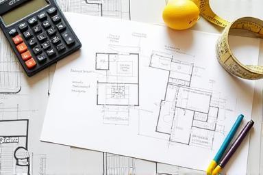 Diagrams and notes laid out on a table showing kitchen renovation planning.