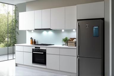 Modern kitchen setup featuring integrated smart appliances like a touchscreen oven and smart refrigerator.
