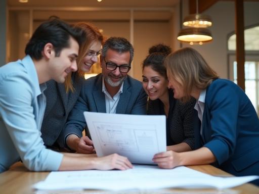 Dedicated Al Khaleej Kitchens team members discussing a project design blueprint in their Dubai office.